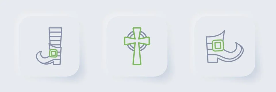 Set line Leprechaun boot, Celtic cross and  icon. Vector Stock Illustration