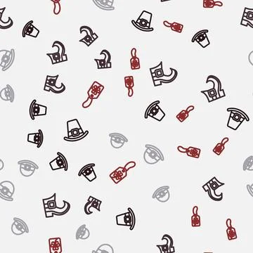 Set line Leprechaun hat, boot, and Clover trefoil leaf with tag on seamless Stock Illustration