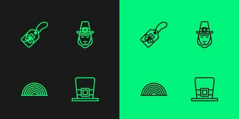 Set line Leprechaun hat, Rainbow, Clover trefoil leaf with tag and icon. Vector Stock Illustration