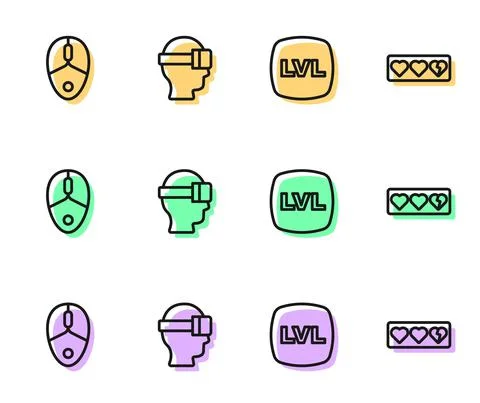 Set line Level game, Computer mouse, Virtual reality glasses and Game life bar Stock Illustration