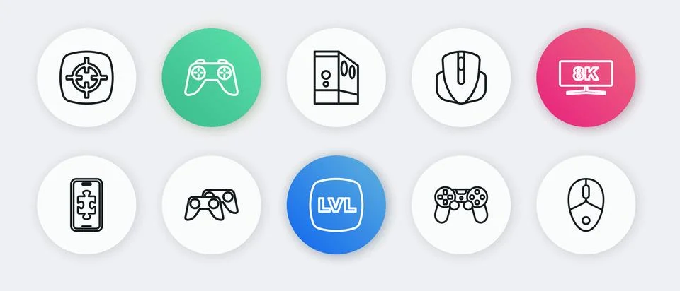 Set line Level game, Computer monitor, Mobile gaming, Game controller joyst.. 库存插图