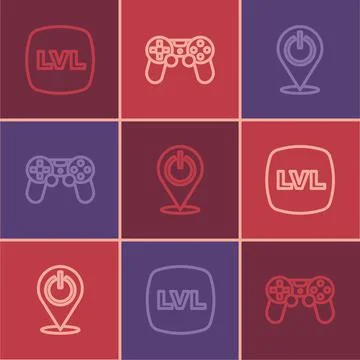 Set line Level game, Power button and Game controller or joystick icon. Vector 스톡 일러스트