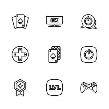 Set line Level game, Power button, Game controller or joystick, Playing car.. 스톡 일러스트