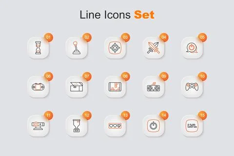 Set line Level game, Power button, Game life bar, Award cup, Web camera, co.. 스톡 일러스트