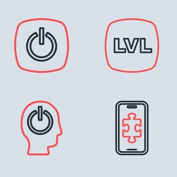 Set line Level game, Power button, Mobile gaming and  icon. Vector Stock Illustration