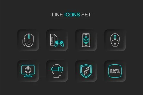 Set line Level game, Sword for, Virtual reality glasses, Power button, Comp.. Stock Illustration