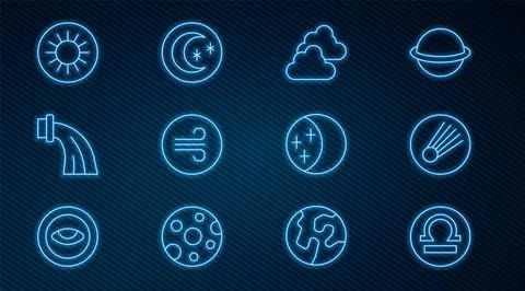 Set line Libra zodiac, Comet, Cloudy weather, Windy, Aquarius, Sun, Eclipse of Ilustração Stock