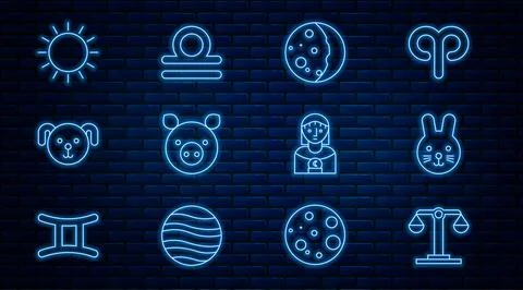 Set line Libra zodiac, Rabbit, Eclipse of the sun, Pig, Dog, Sun, Astrology.. Ilustração Stock
