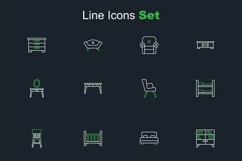 Set line Library bookshelf, Big bed, Baby crib cradle, Chair, Bunk, Armchai.. Stock Illustration
