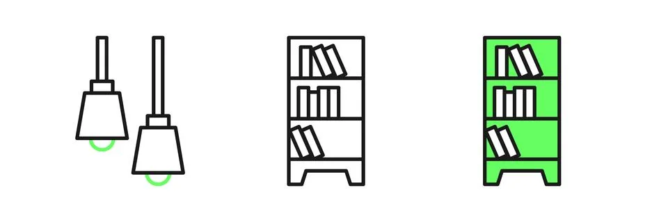 Set line Library bookshelf icon isolated on white background.  Vector Stock Illustration