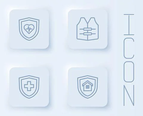 Set line Life insurance with shield, jacket, and House. White square button 스톡 일러스트