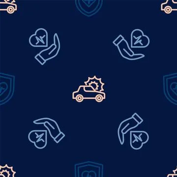Set line Life insurance with shield, hand and Car on seamless pattern. Vector Stock Illustration