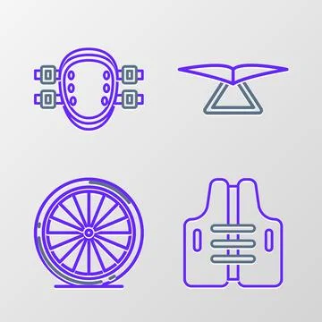 Set line Life jacket, Bicycle wheel, Hang glider and Knee pads icon. Vector Stock Illustration