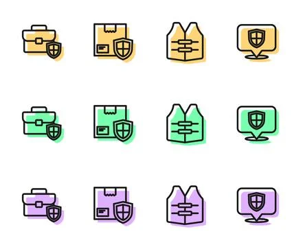 Set line Life jacket, Briefcase with shield, Delivery security and Location icon Stock Illustration