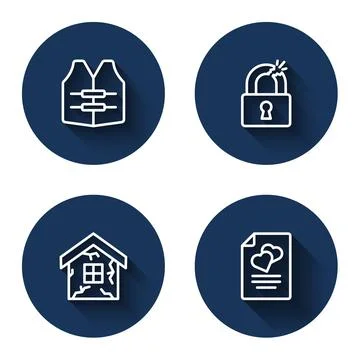 Set line Life jacket, Broken or cracked lock, House and Marriage contract with Stock Illustration