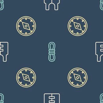 Set line Life jacket, Compass and Climber rope on seamless pattern. Vector Stock Illustration