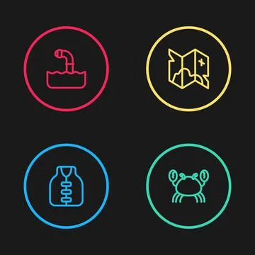 Set line Life jacket, Crab, Pirate treasure map and Periscope icon. Vector Illustrazione stock