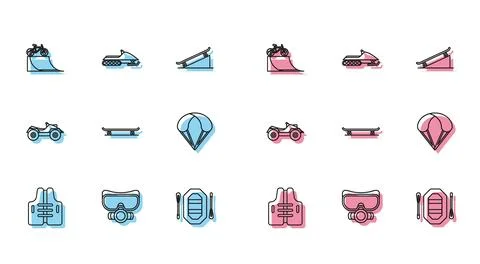 Set line Life jacket, Diving mask, Bicycle on street ramp, Rafting boat, Sk.. Stock Illustration