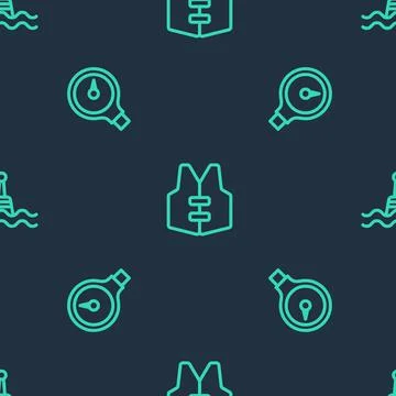Set line Life jacket, Gauge scale and Floating buoy on seamless pattern. Vector Illustrazione stock
