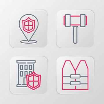 Set line Life jacket, House with shield, Judge gavel and Location icon. Vector Illustrazione stock