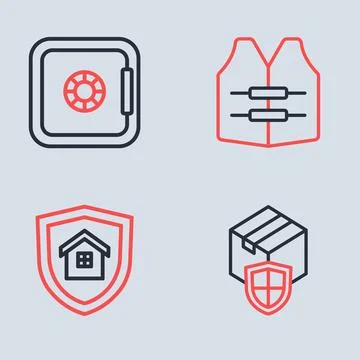 Set line Life jacket, House with shield, Delivery security and Safe icon. V.. Stock Illustration