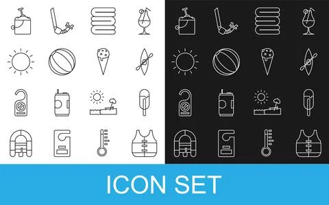 Set line Life jacket, Ice cream, Kayak or canoe and paddle, Towel stack, Beach Illustrazione stock