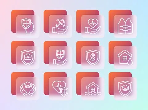 Set line Life jacket, insurance with shield, Shield dollar, House flood, ha.. Stock Illustration