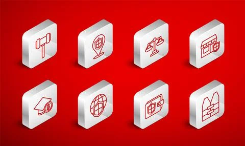 Set line Life jacket, Location shield, Scales of justice, Shopping building with Ilustração Stock