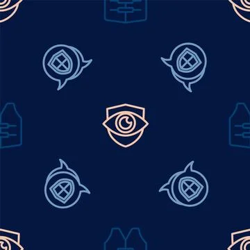 Set line Life jacket, Shield and and eye on seamless pattern. Vector Stock Illustration