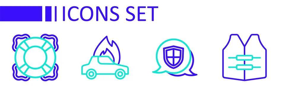Set line Life jacket, Shield, Burning car and Lifebuoy icon. Vector Stock Illustration