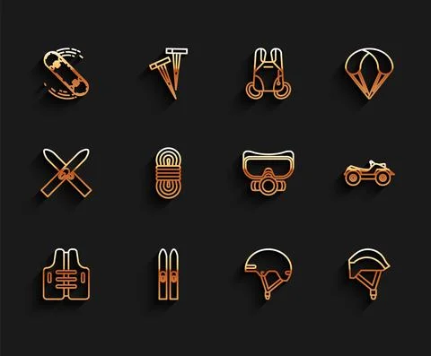 Set line Life jacket, Ski and sticks, Skateboard trick, Helmet, Bicycle helmet Illustrazione stock