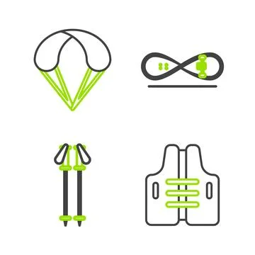 Set line Life jacket, Ski poles, Skateboard trick and Parachute icon. Vector 스톡 일러스트