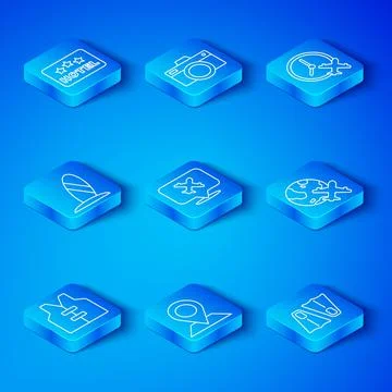 Set line Life jacket, Speech bubble with airplane, Location, Globe flying, Clock Stock Illustration