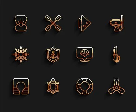 Set line Life jacket, Turtle, Shell with pearl, Lifebuoy, Boat propeller, tur Stock Illustration