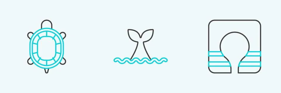Set line Life jacket, Turtle and Whale tail in ocean wave icon. Vector Stock Illustration