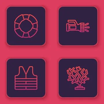 Set line Lifebuoy, jacket, Flashlight and Coral. Blue square button. Vector Stock Illustration