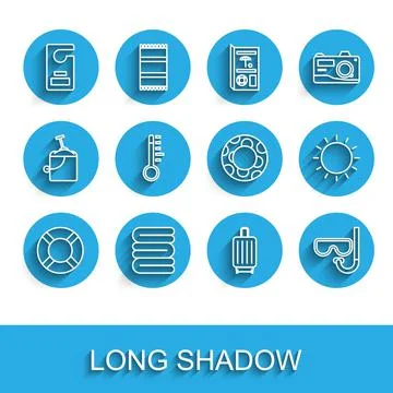 Set line Lifebuoy, Towel stack, Please do not disturb, Suitcase, Diving mask and Stock Illustration