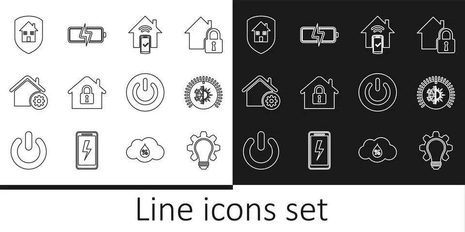 Set line Light bulb and gear, Thermostat, Smart home remote control system Stock Illustration