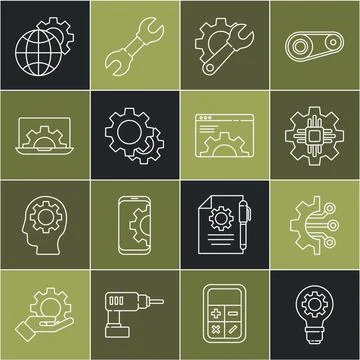 Set line Light bulb and gear, Algorithm, Processor, Wrench spanner, Gear, Laptop Stock Illustration
