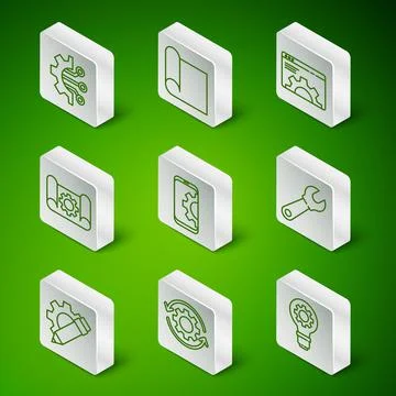 Set line Light bulb and gear, Gear arrows as workflow, Algorithm, Setting on 스톡 일러스트