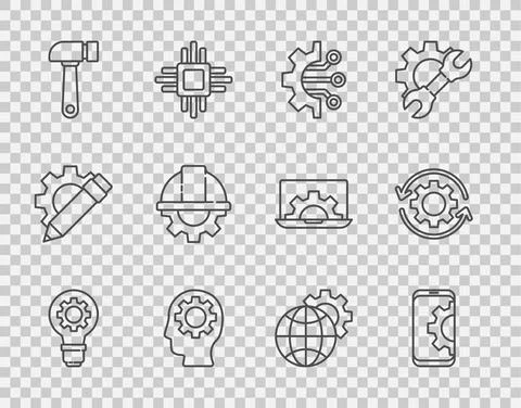 Set line Light bulb and gear, Setting on smartphone, Algorithm, Human head with Stock Illustration