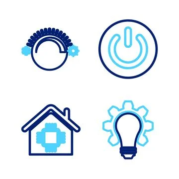 Set line Light bulb and gear, Smart home, Power button and Thermostat icon Stock Illustration