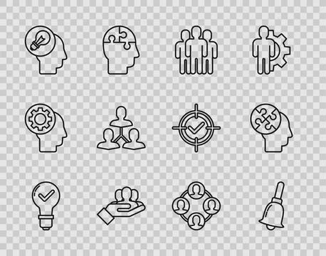 Set line Light bulb and check mark, Ringing bell, Users group, Project team.. Stock Illustration