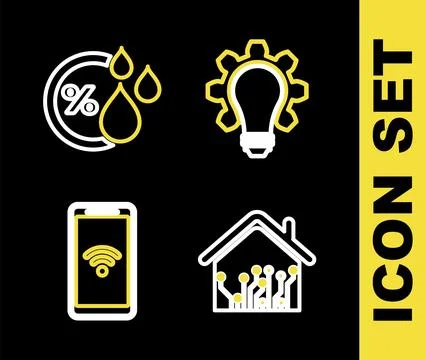 Set line Light bulb and gear, Smart home, Mobile with heart rate and Humidi.. Stock Illustration