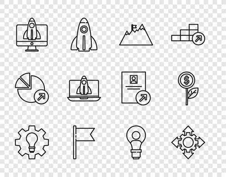 Set line Light bulb and gear, Project team base, Mountains with flag, Locat.. Stock Illustration