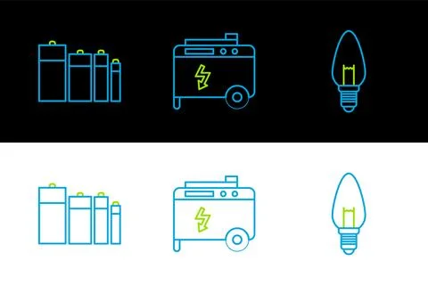 Set line Light bulb, Battery and Portable power electric generator icon. Vector イラスト素材