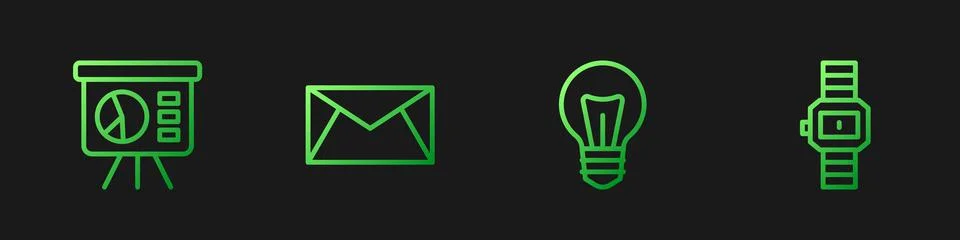Set line Light bulb, Board with graph, Mail and e-mail and Wrist watch. Gradient Stock Illustration