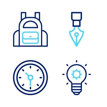 Set line Light bulb, Clock, Fountain pen nib and School backpack icon. Vector Stock Illustration