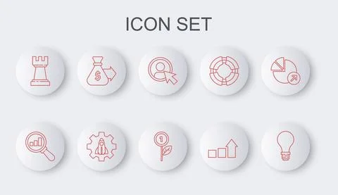 Set line Light bulb with concept of idea, Magnifying glass and analysis, Create Illustrazione stock