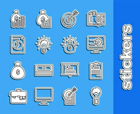 Set line Light bulb with concept of idea, Clipboard resume, Computer monitor Stock-Illustration